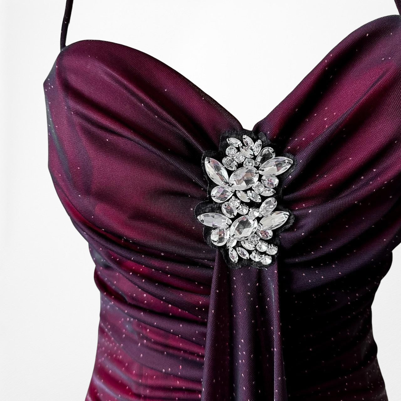 Vintage Burgundy Red Glitter Rhinestone Knit Ruffle Maxi Prom Dress Size M