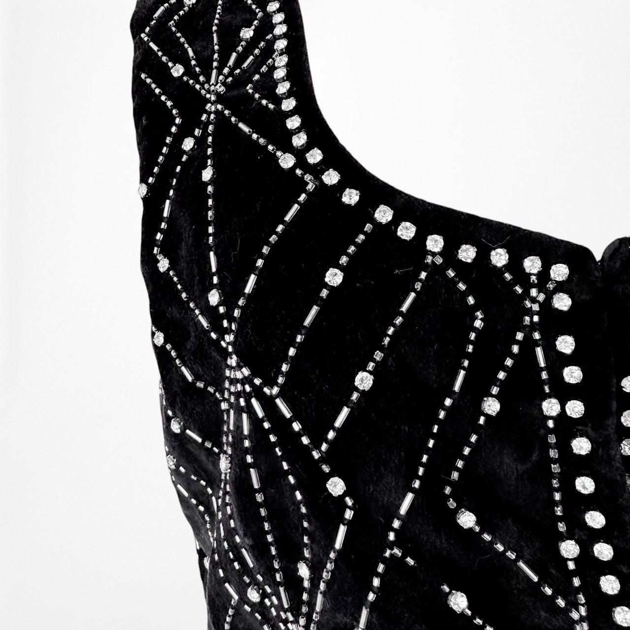 Zara Black Velvet Sleeveless Rhinestone Cropped Top Vest Size XS/S