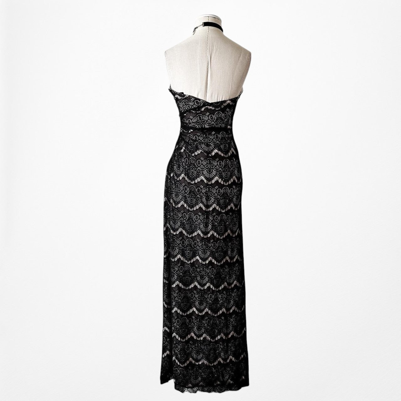 Vintage Black Strapless Lace Bodycon Side Slit Maxi Prom Dress Size XS