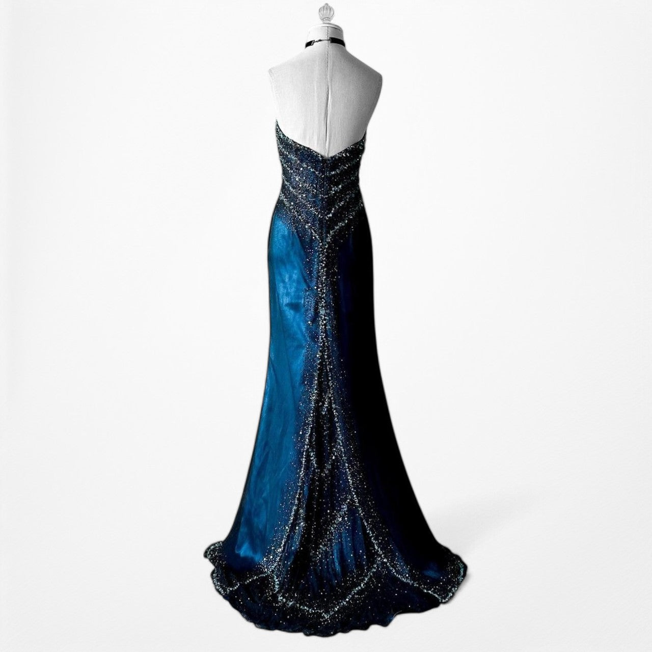 Vintage Navy Blue Strapless Beaded Silk Mesh High Low Maxi Prom Dress Size M