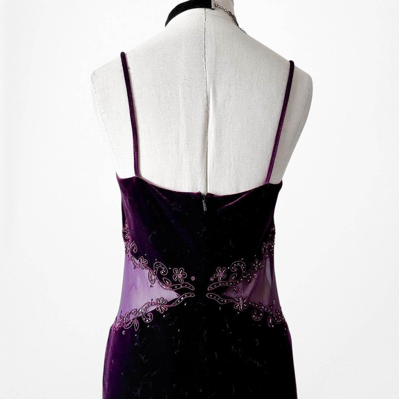 Vintage Purple Velvet Cutout Mesh Beaded Maxi Bodycon Prom Dress Size L