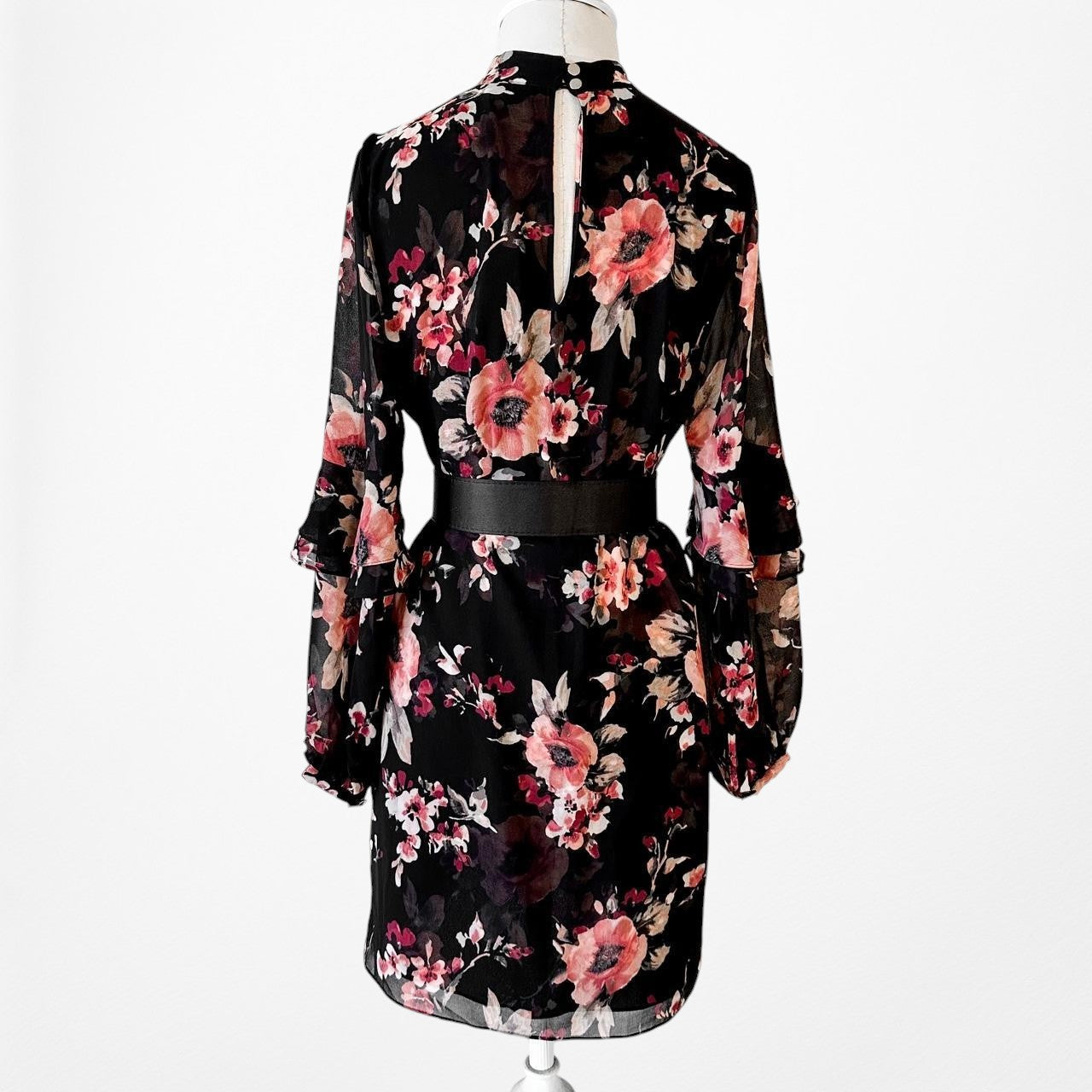 White House Black Market Floral Long Sleeve Ruffle Shift Tunic Dress Size M