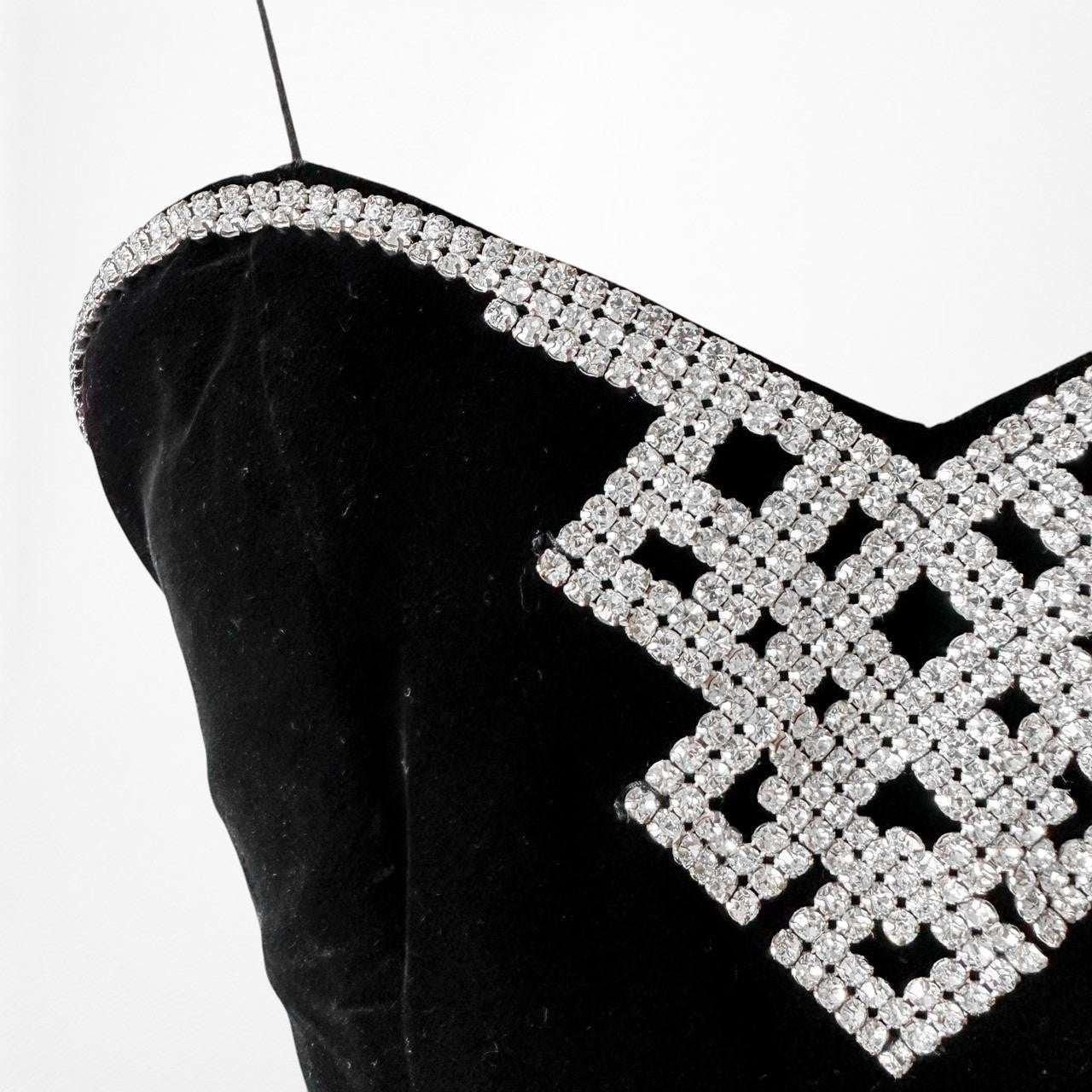 Vintage Black Velvet Rhinestone Side Slit Maxi Bodycon Prom Dress Size XS/S