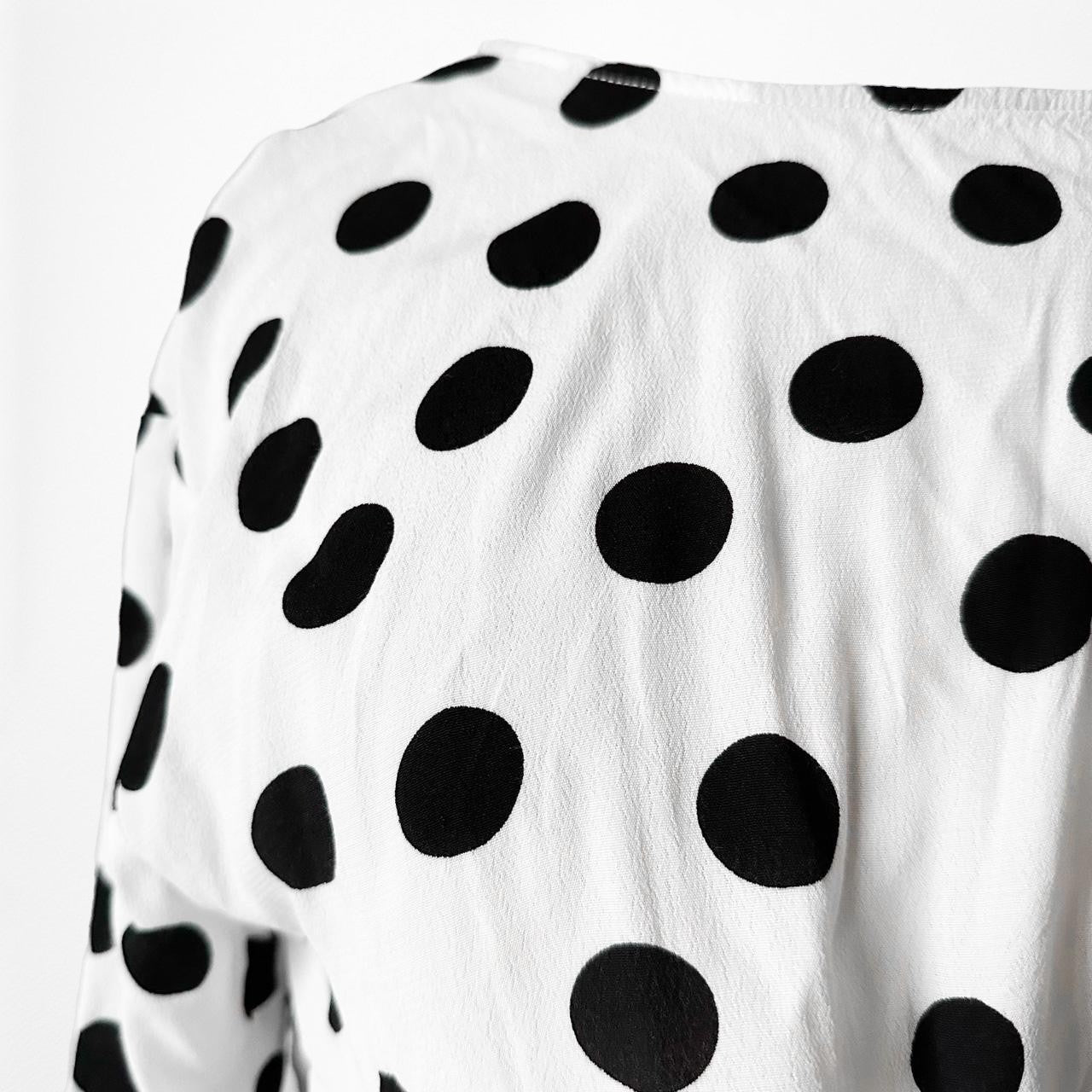 Bershka White Black Polka Dot Long Puffy Sleeve Pleated Crop Top Size XS/S