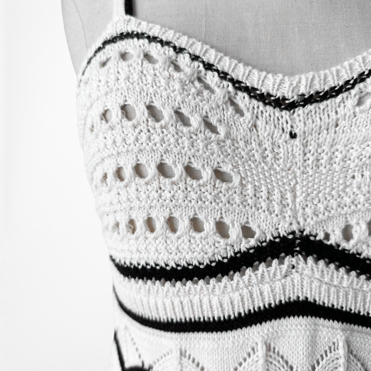 Black White Crochet Knit Bodycon Striped Midi Dress Size S