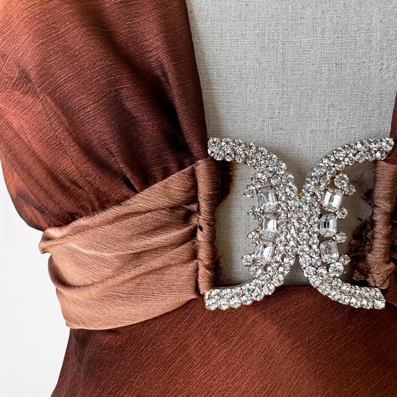 Vintage Brown Halter Plunging V-Neck Bodycon Maxi Prom Dress Size S