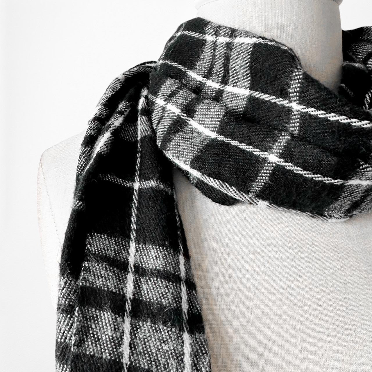 Vintage Pierre Cardin Black Gray Plaid Checkered Print Fringe Scarf