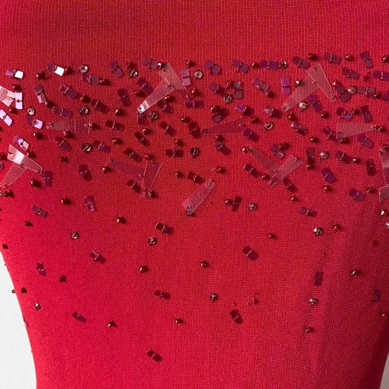 Vintage Y2K 90s Red Knit Bodycon Sequin Formal Prom Side Slit Maxi Dress M