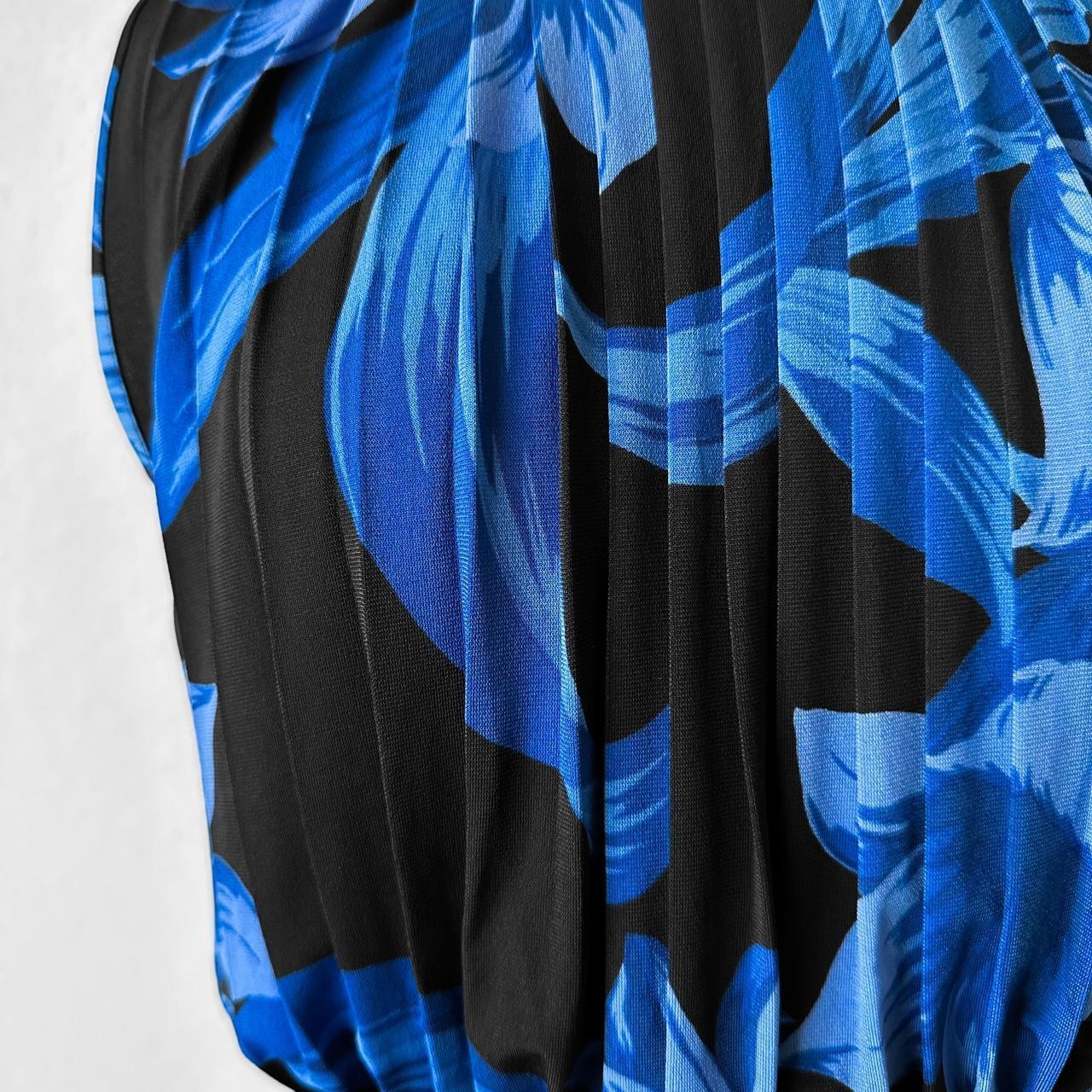 Vintage Y2K Blue Black Pleated Flared Knee Length Sundress Cocktail Dress S/M/L