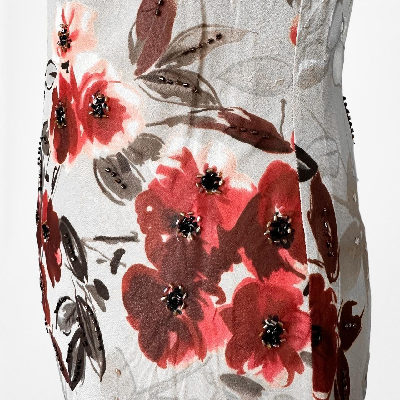 Vintage Silk Brown Red Floral Slip On Beaded Ruffle Maxi Formal Cocktail Dress S/M