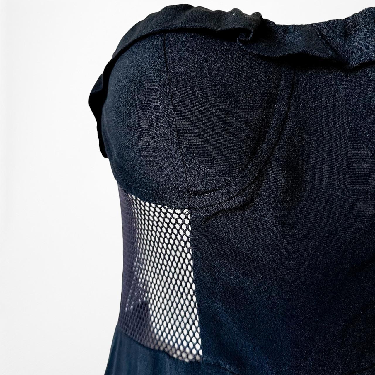 Vintage Y2K Navy Blue Bustier Strapless Sheer Mesh Ruffle Romper Dress Size S