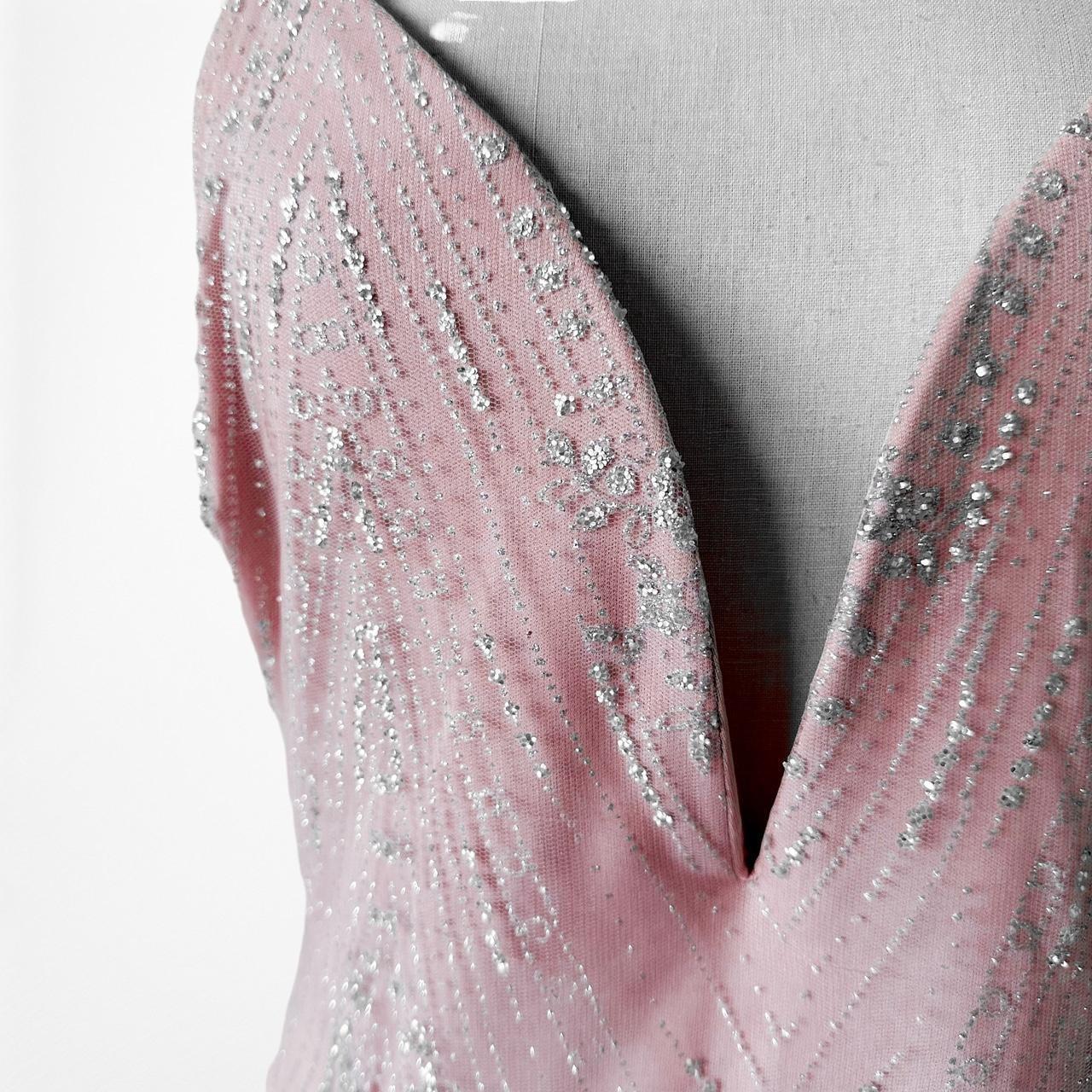 Vintage Y2K Pink Knit Bodycon Glitter Metallic Mesh Mini Cocktail Dress Size M