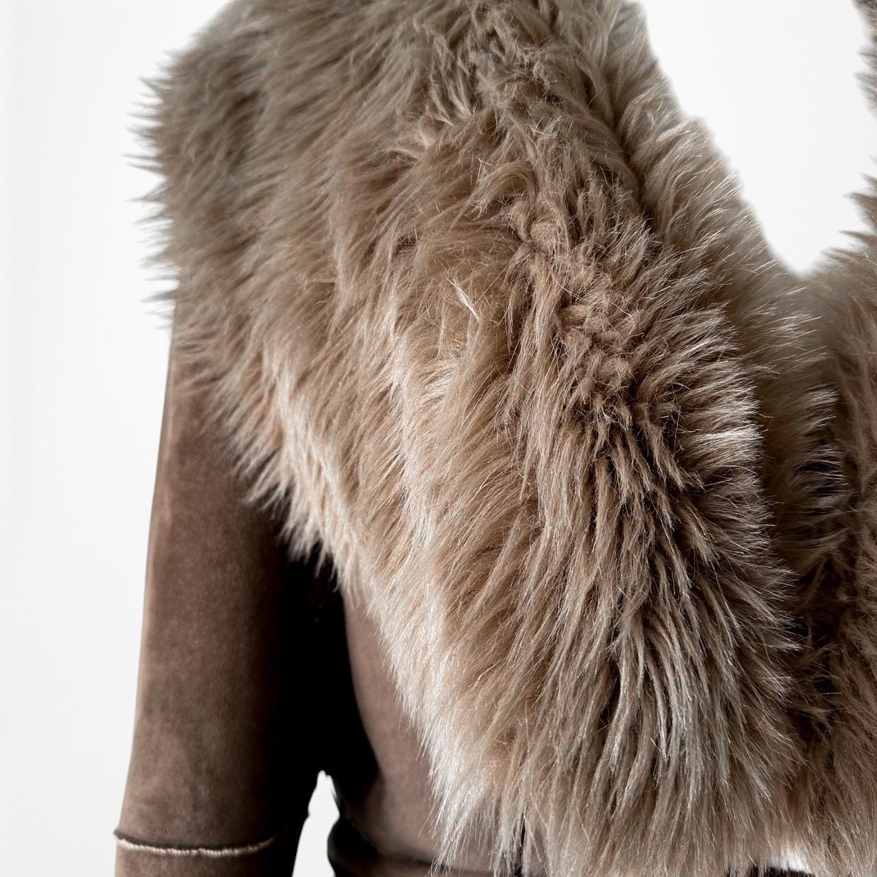 Vintage Brown Faux Fur Lined Suede Belted Coat Jacket Size L