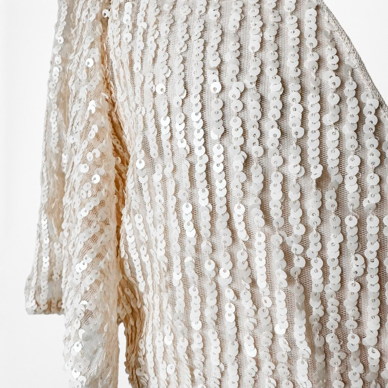 Zara Off White Cream Ruffle Short Sleeve Wrap Flared Sequin Mini Dress Size L