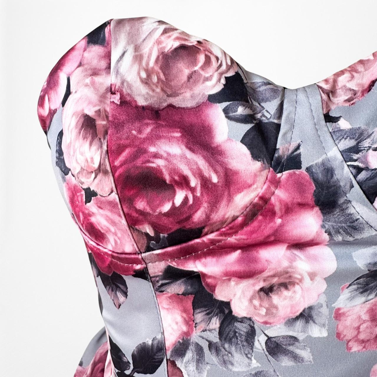 Vintage Y2K Pink Purple Floral Strapless Satin Mini Peplum Dress Size 6/XS