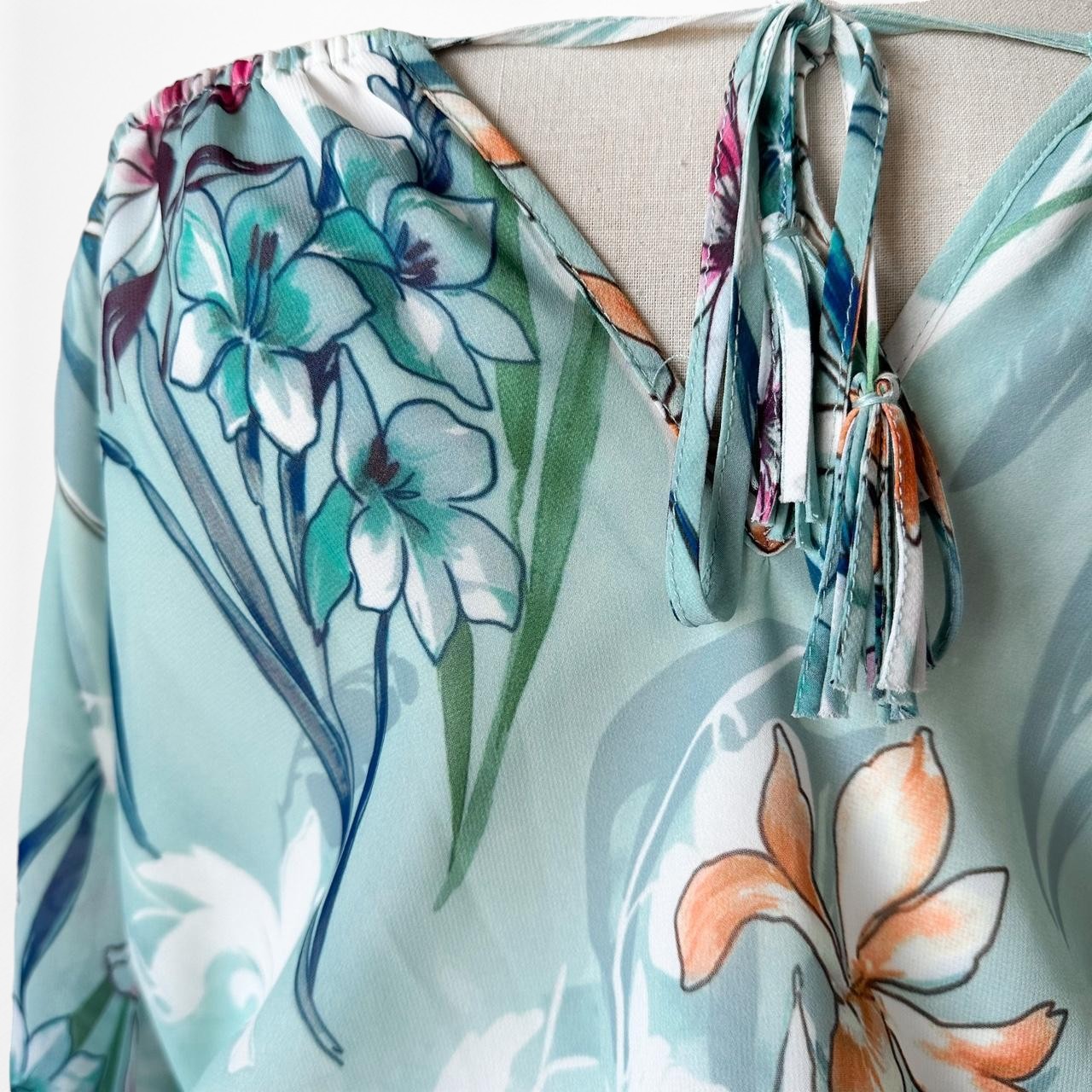 Vintage Y2K Blue Floral Off The Shoulder Long Puffy Sleeve Mini Dress Size XS