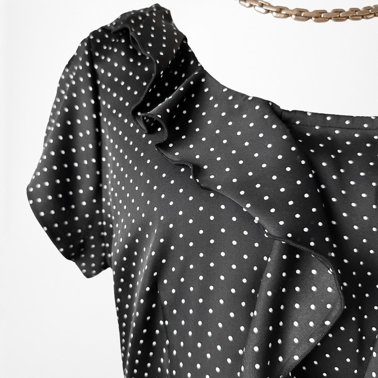 Vintage Y2K Black Satin Polka Dot Scoop Neck Puffy Sleeve Top Size S