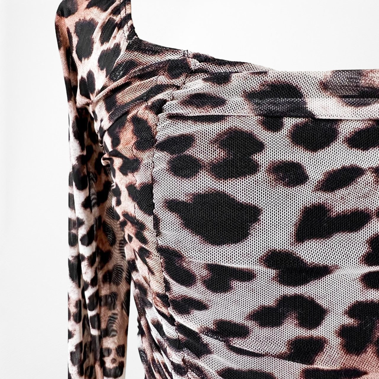 Vintage Y2K Animal Leopard Print Long Sleeve Pleated Knit Crop Top Size S