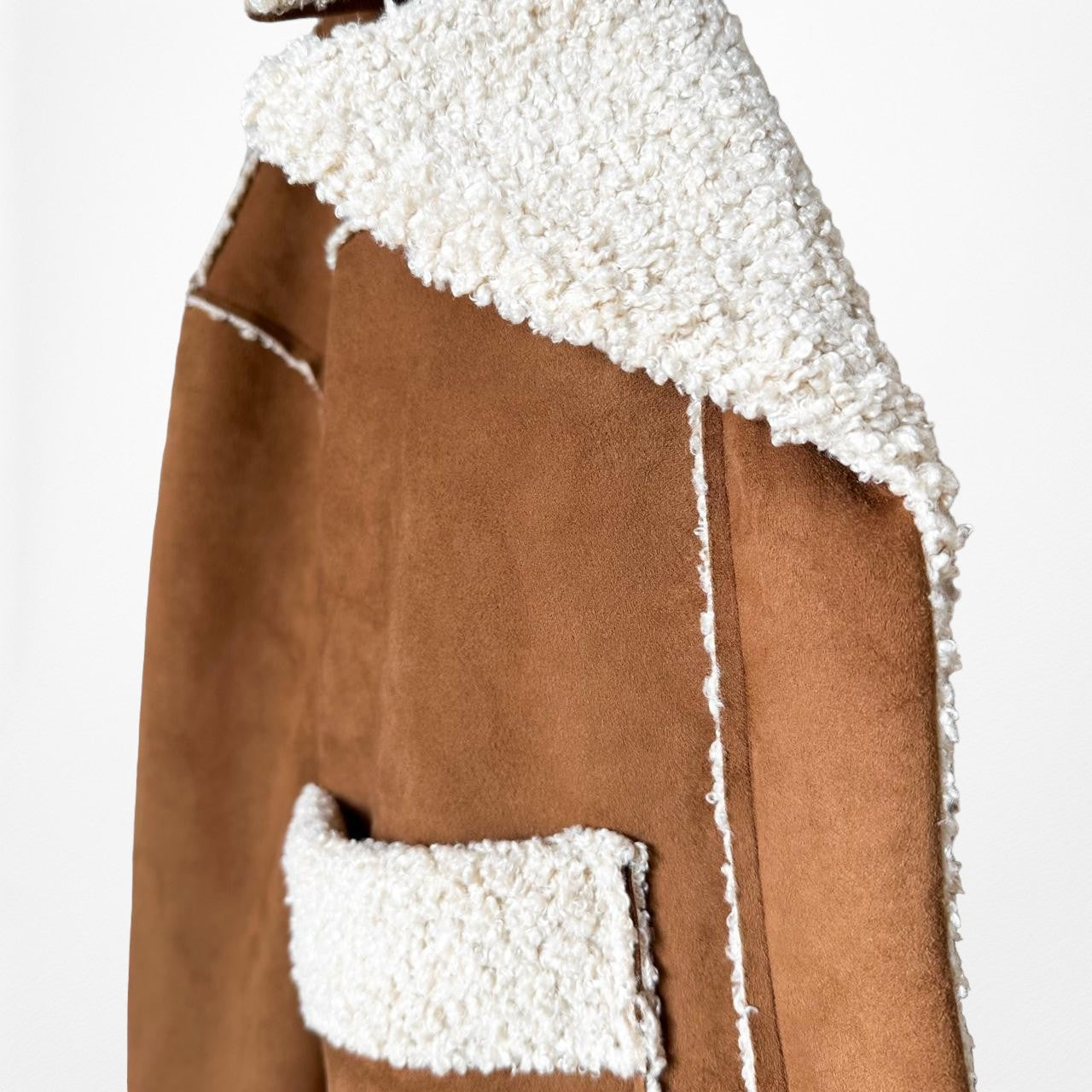 Brown White Fleece Faux Fur Suede Vintage Jacket Coat Size M