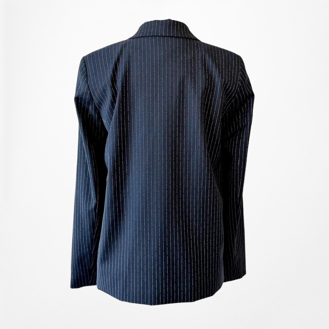 Vintage Y2K Navy Blue Striped Double Breasted Blazer Jacket Suit Size 8/S