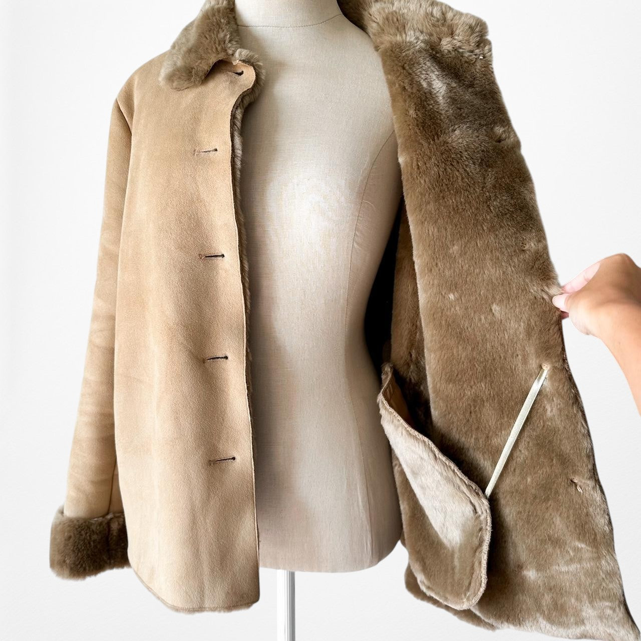 Vintage Brown Faux Fur Lined Trim Suede Teddy Jacket Coat Size S