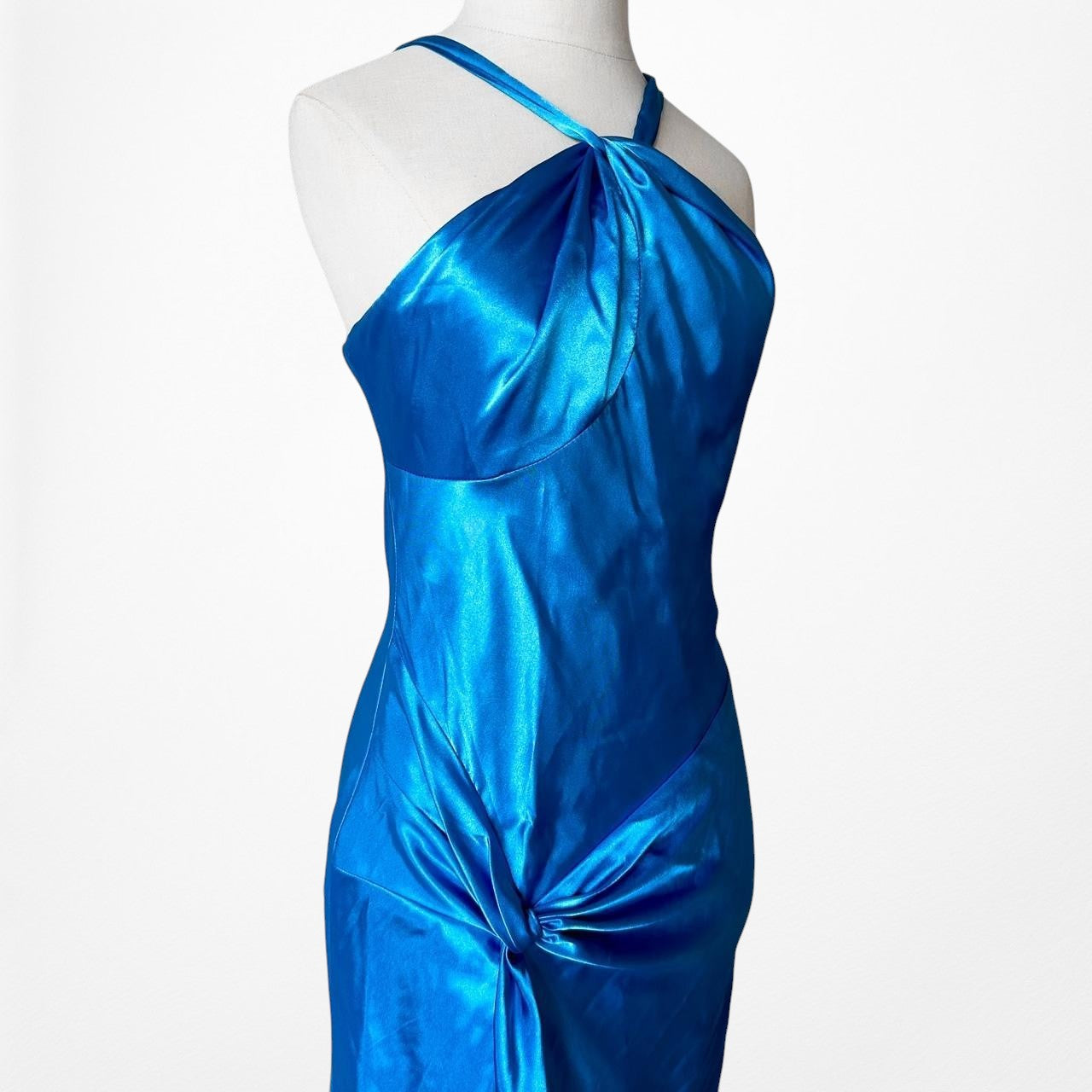 Blue Satin Halter Neck Pleated Side Slit Formal Prom Maxi Dress Size 4/S