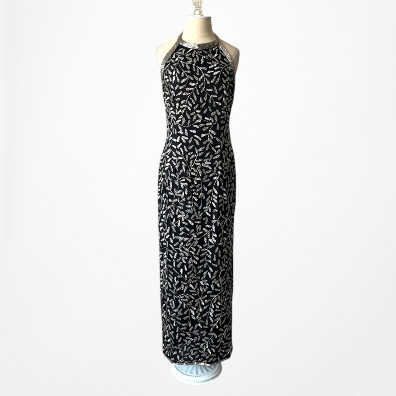 Vintage Black White Silk Floral Beaded Maxi Bodycon Formal Cocktail Dress M