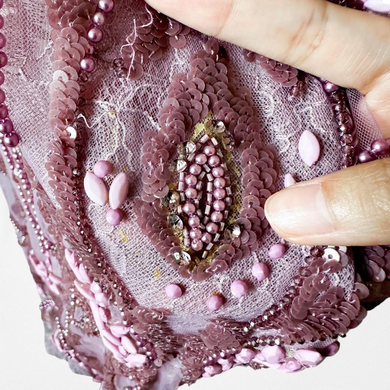 Vintage Y2K Purple Plum Bodycon Beaded Semi Sheer Maxi Prom Dress Size S