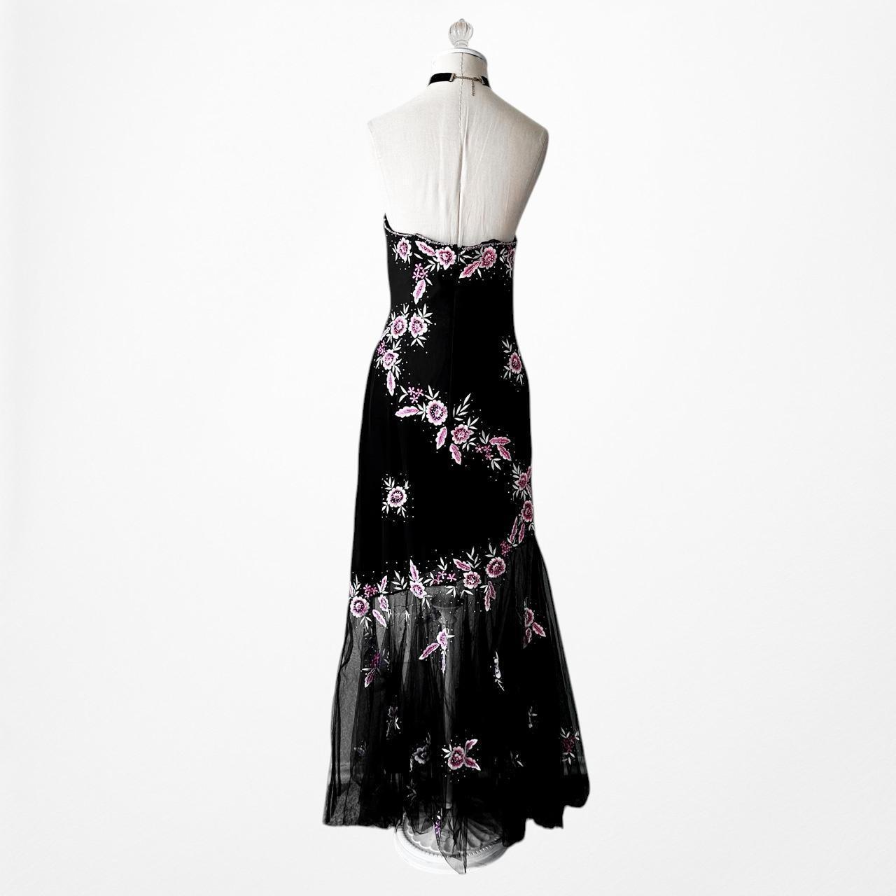 Vintage Black Strapless Floral Beaded Sheer Tulle Maxi Bodycon Prom Dress M