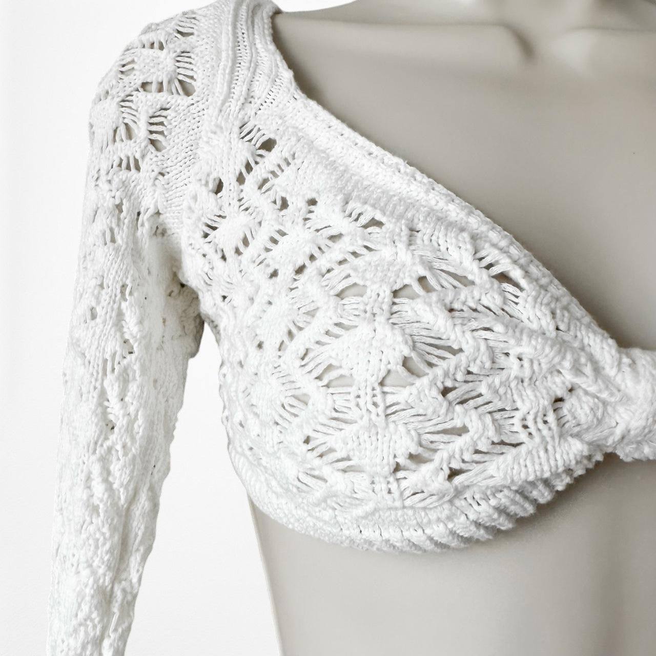 Vintage White Crochet Long Sleeve Crop Top Flared Pants Two Piece Set Size XS/S