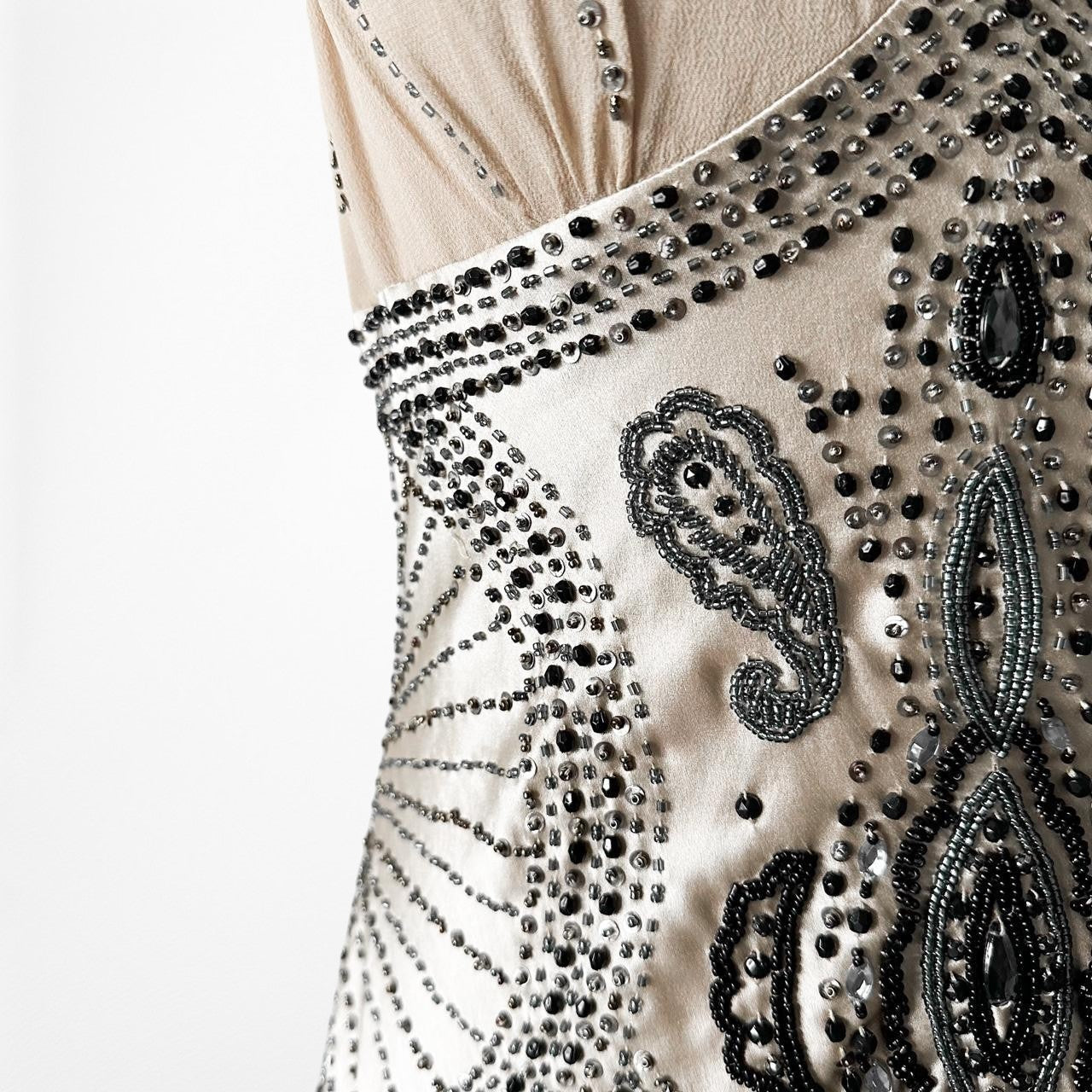 Vintage Ivory Beige Silk Beaded Bodycon Side Slit Maxi Prom Dress Size S/M