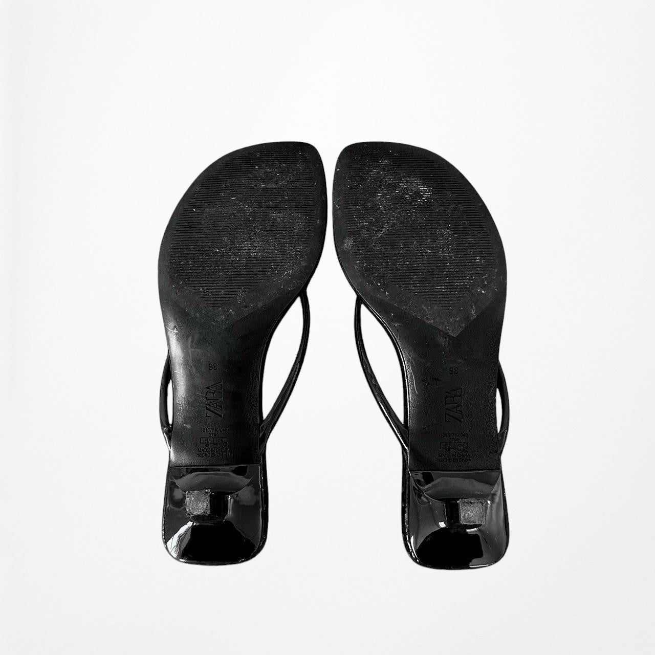 Zara Black Patent Faux Leather Thong Sandal Kitten Heel Size 36/6
