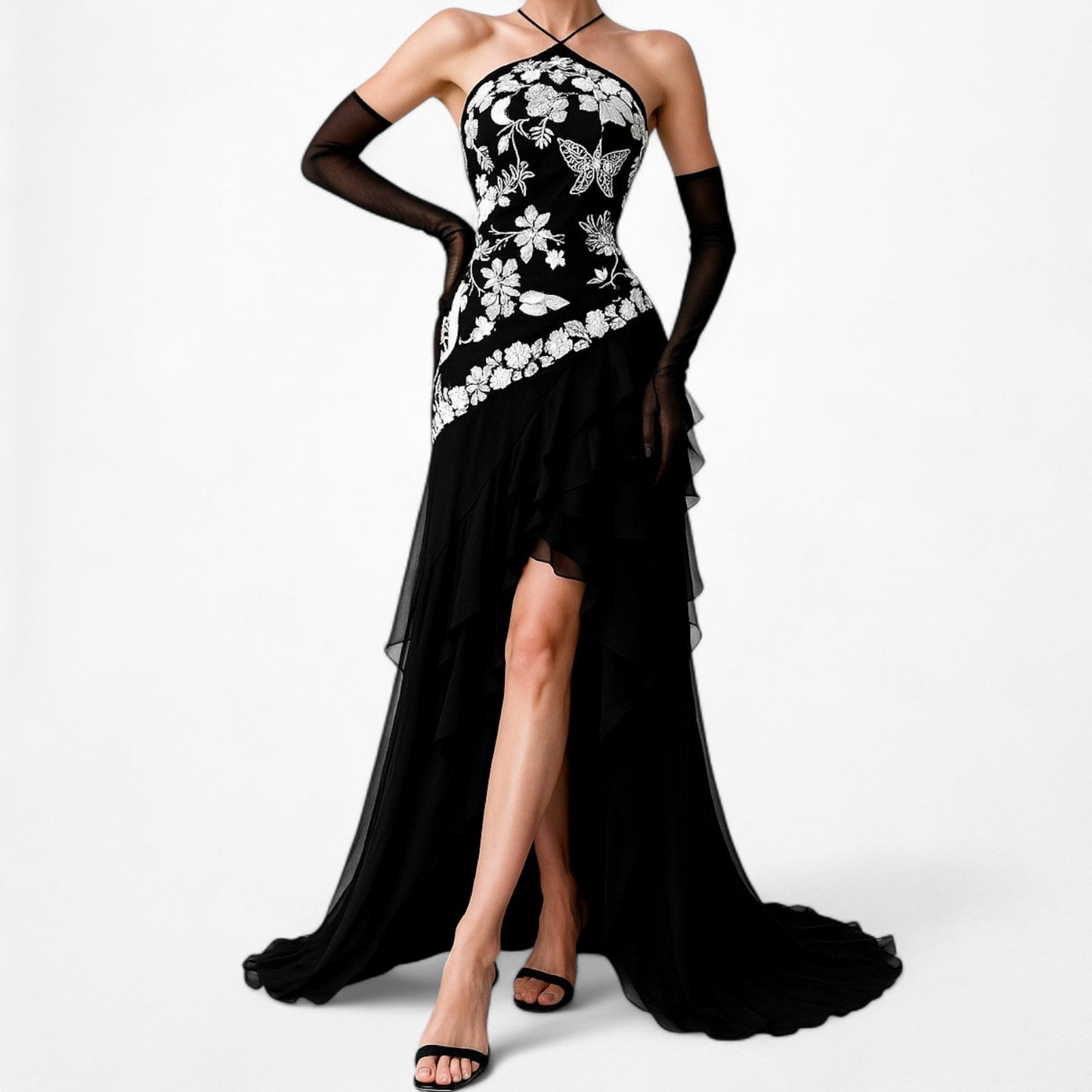 Black White Silk Floral Beaded Ruffle Fit Flared Maxi Prom Dress Size S