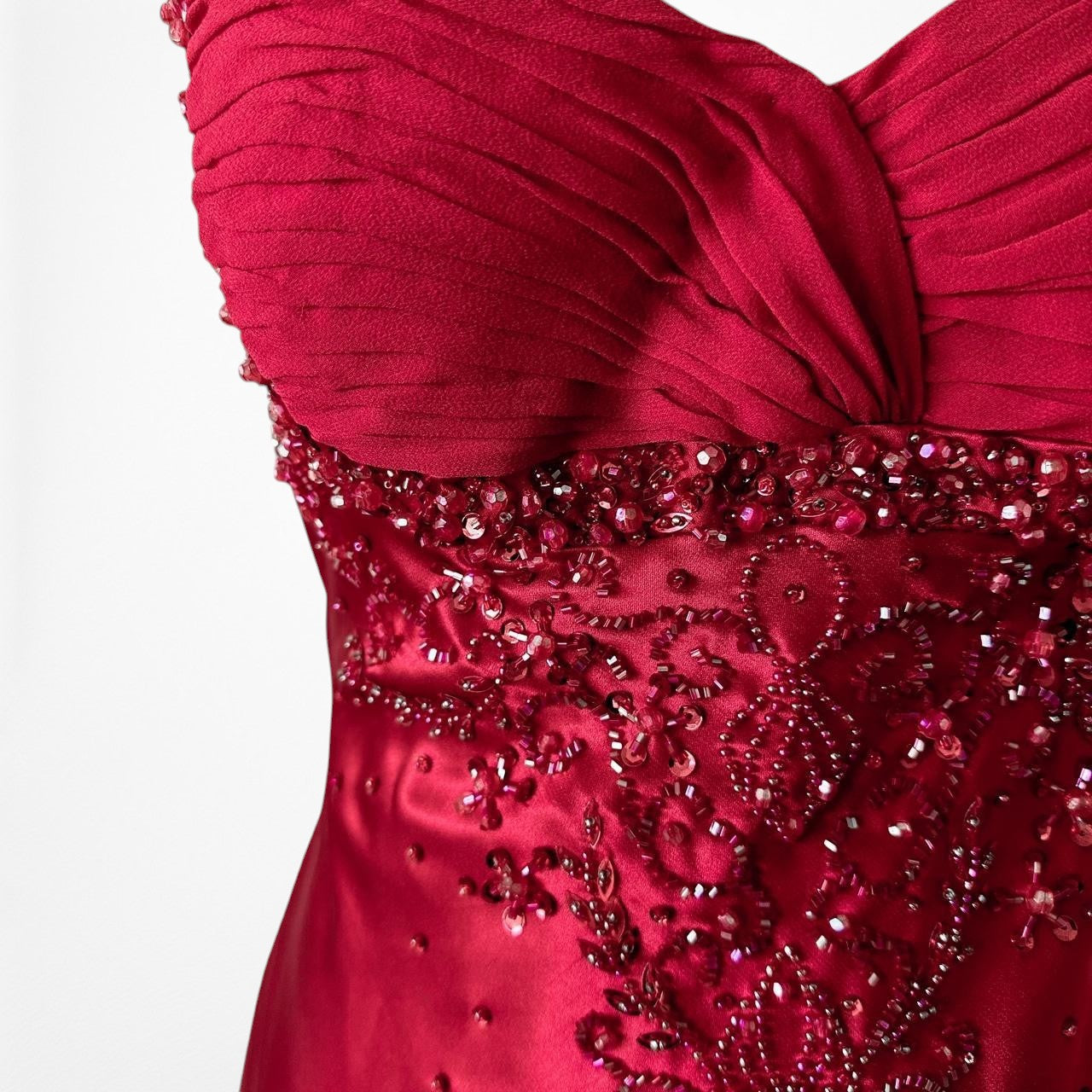 Vintage Red Silk Blend Beaded Ruffle Fit Flared Maxi Prom Dress Size S
