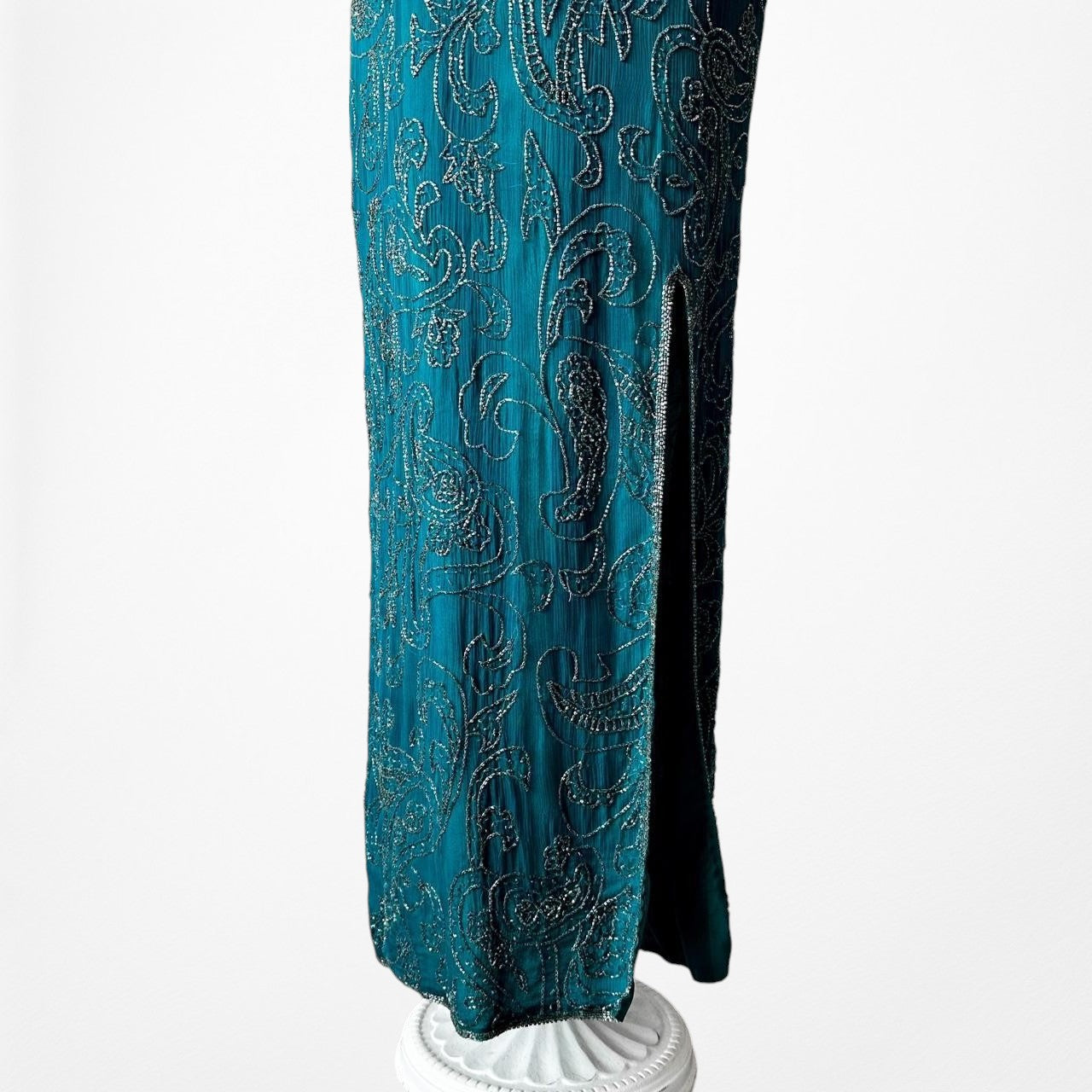 Vintage Teal Blue Silk Beaded Maxi Bodycon Side Slit Prom Dress Size M