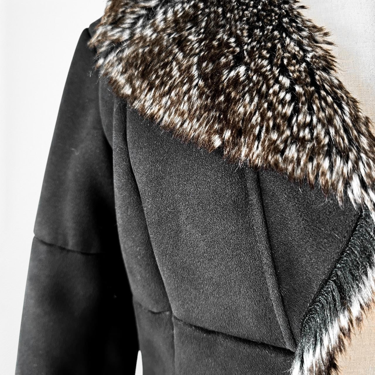 Black Vintage Suede Penny Lane Teddy Fur Lined Cropped Jacket Size XS/S