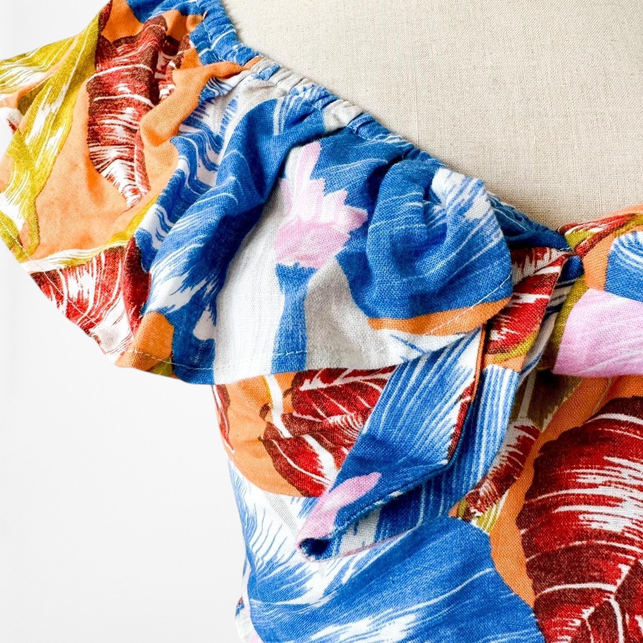 Zara Off Shoulder Blue Yellow Tropical Print Ruffle Bow Front Crop Top Size S