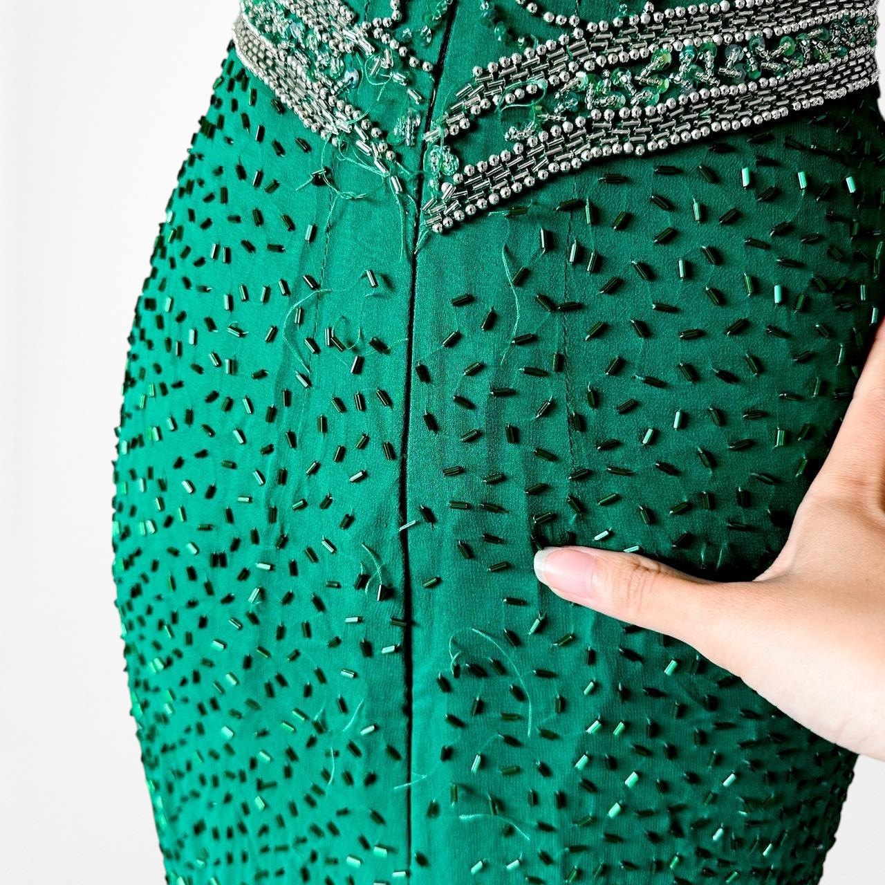 Vintage Green Beaded Halter Neck Bodycon Maxi Prom Dress Size XS/S