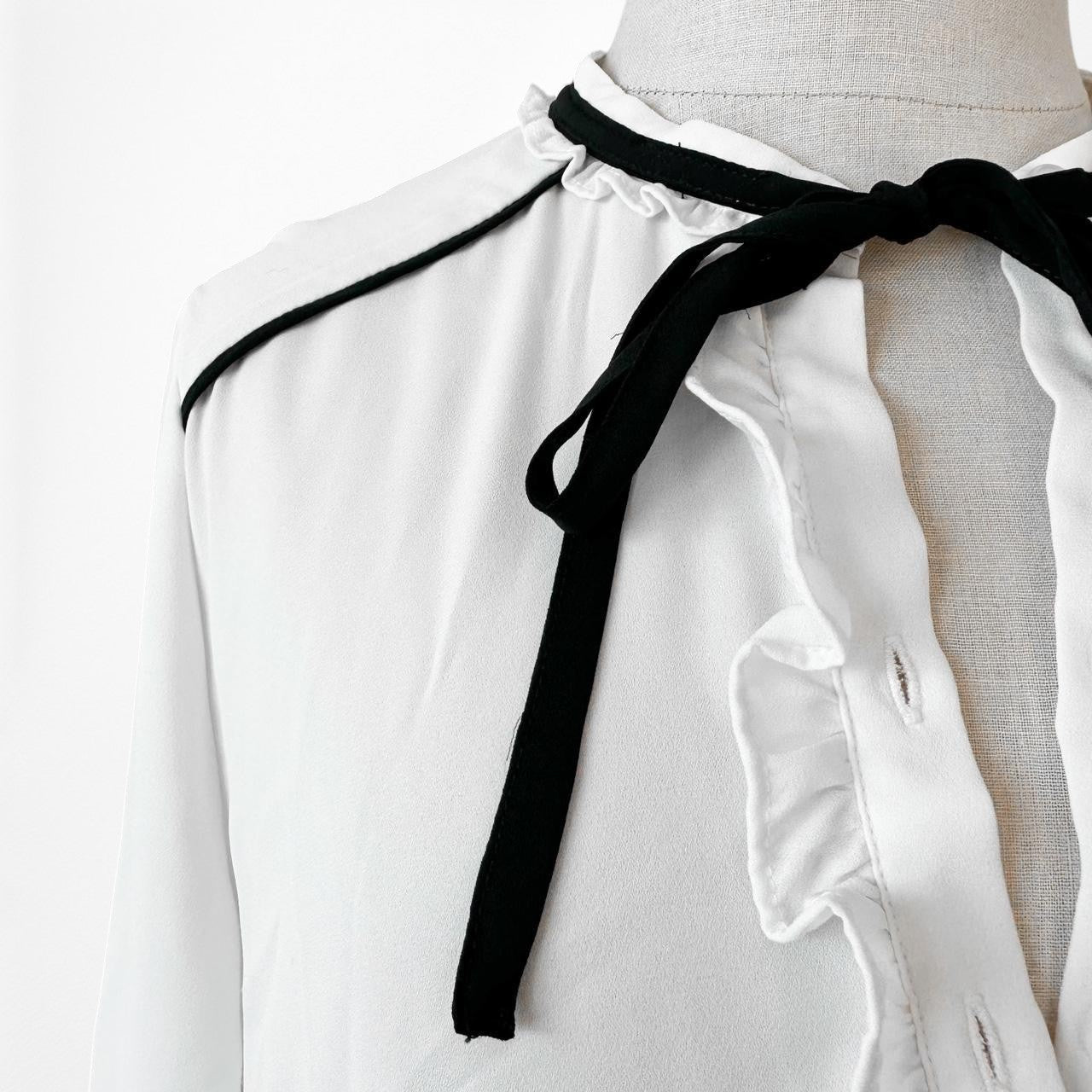 New York & Company White Black Trim Ruffle Long Sleeve Blouse Top Size S