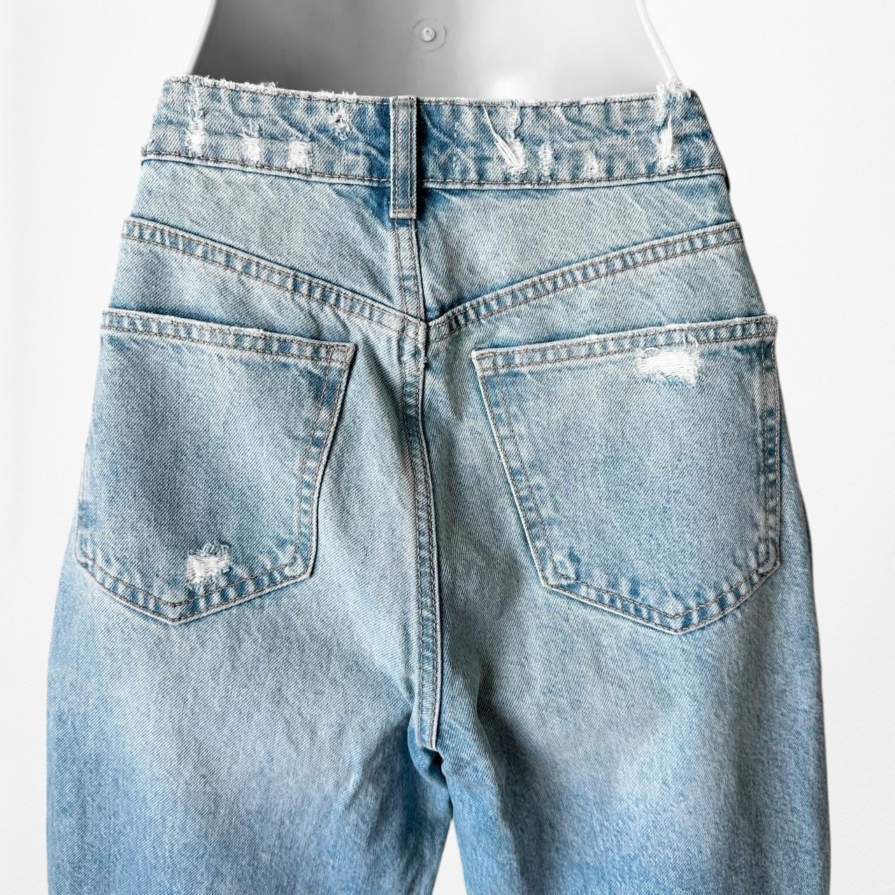 Zara Blue Distressed Destroyed Medium Wash Ripped Knee High Waisted Mom Jeans XS