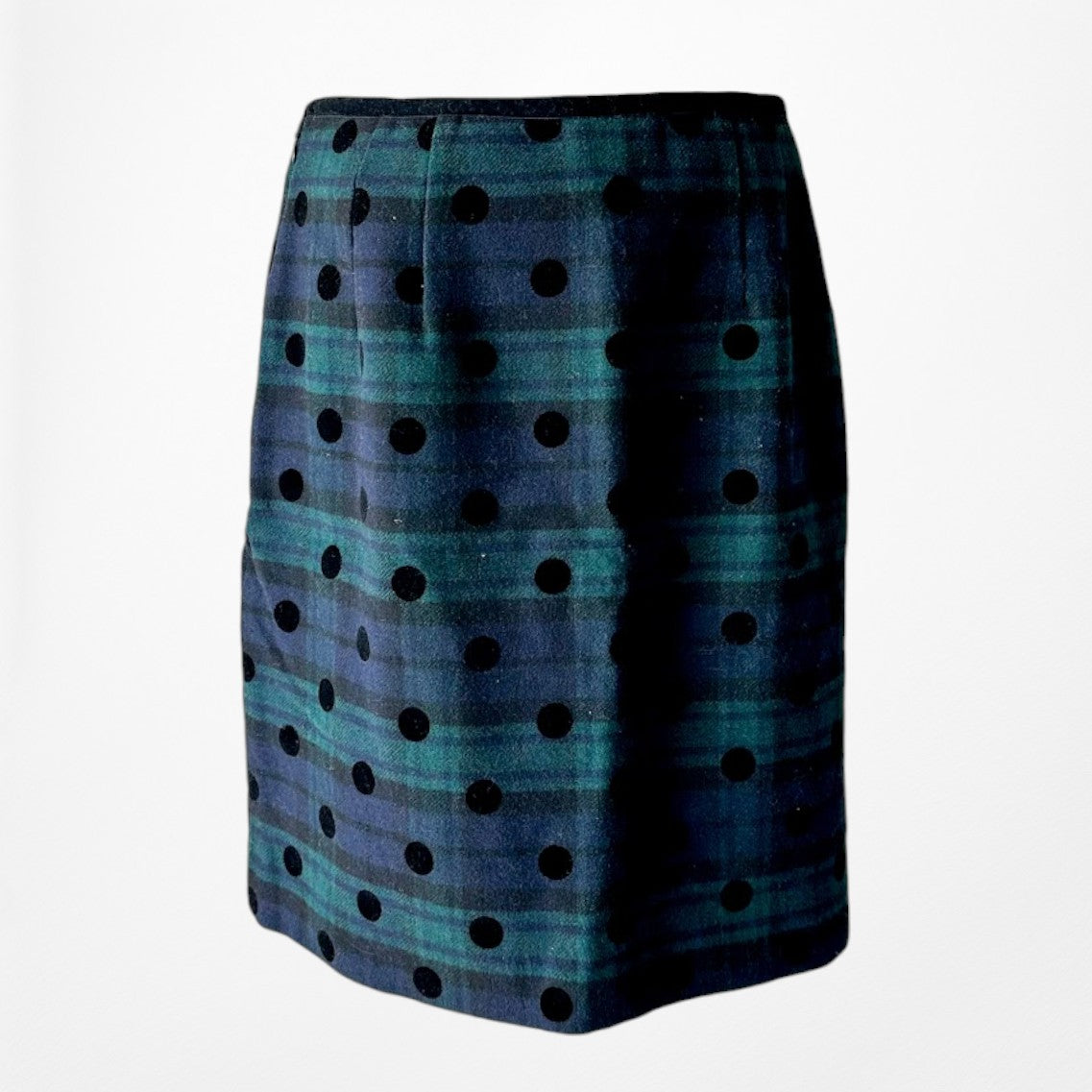 Vintage Y2K Blue Black Wool Blend Polka Dot Checkered Knee Length Pencil Skirt L