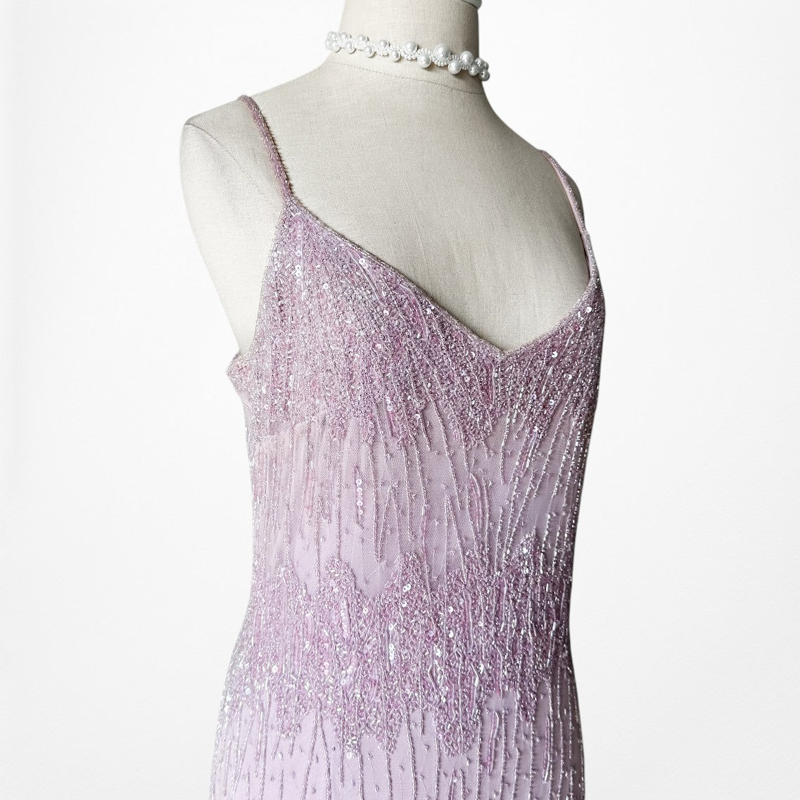 Vintage Y2K Pastel Purple V-Neck Beaded Bodycon Maxi Prom Dress Size M/L