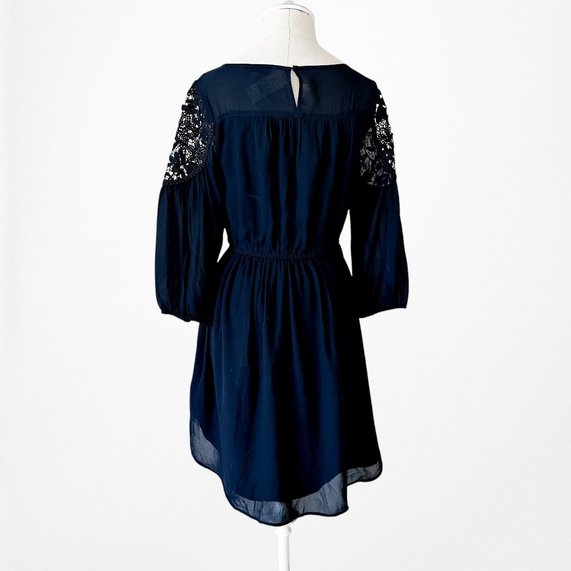 Vintage Y2K Navy Blue Lace Puffy Sleeve Knee Length Flared Knit Dress Size M