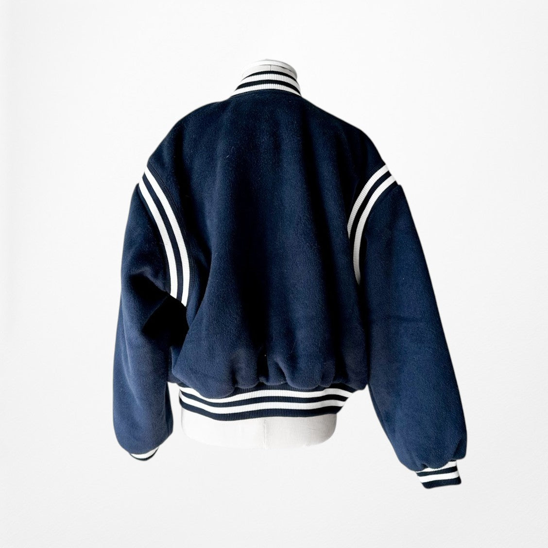 Vintage Y2K Navy Blue White Oversized Varsity Bomber Jacket Size S/M