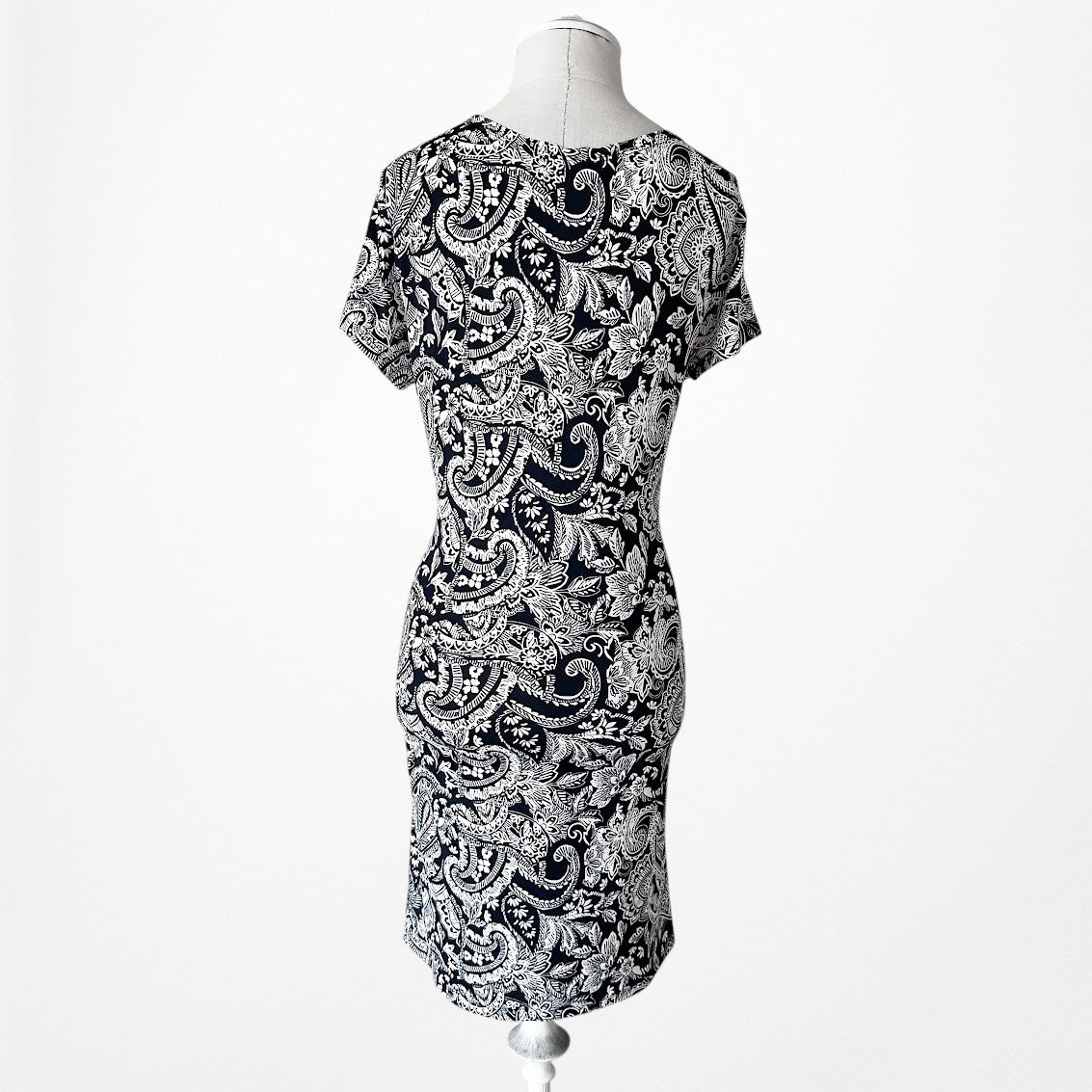 Vintage Y2K Blue White Geometric Print Short Sleeve Knee Length Knit Dress M/L