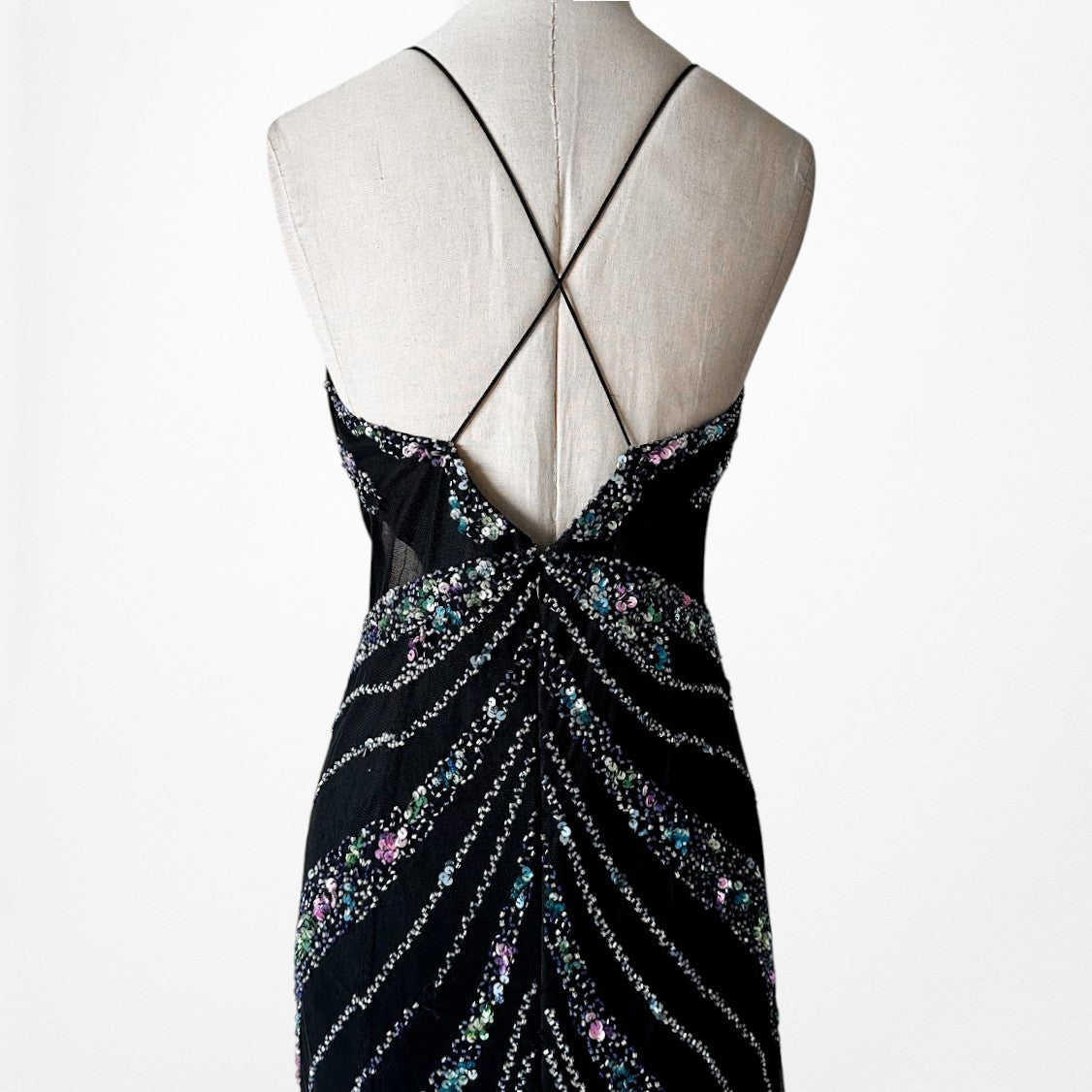 Vintage Y2K Black Knit Sequin Beaded Bodycon Mermaid Maxi Prom Dress Size S/M