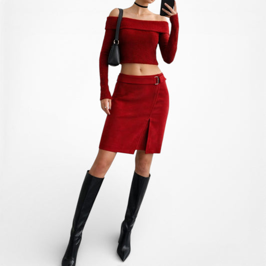 Vintage Y2K Red Buckle Detail Asymmetric Wrap Knee Length Pencil Skirt Size S/M