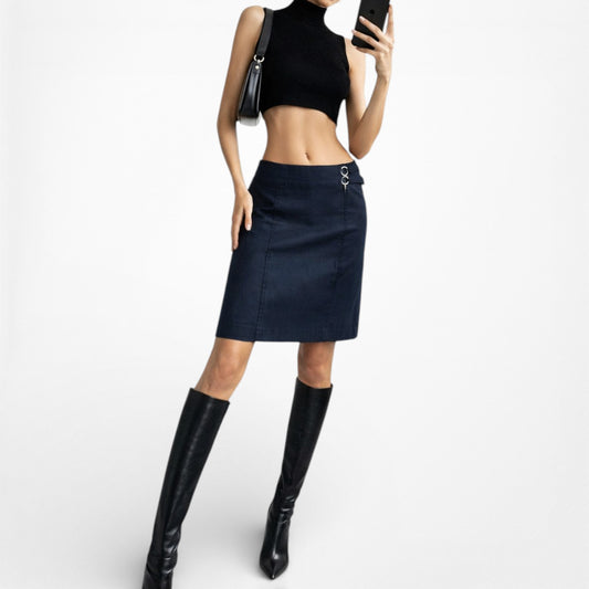 Vintage Y2K Navy Blue Denim Look Buckle Detail Knee Length A-Line Skirt Size M