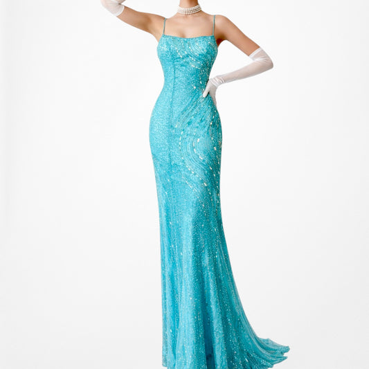 Vintage Y2K Blue Beaded Sequin Fitted Formal Maxi Prom Dress W/ Shawl Size M