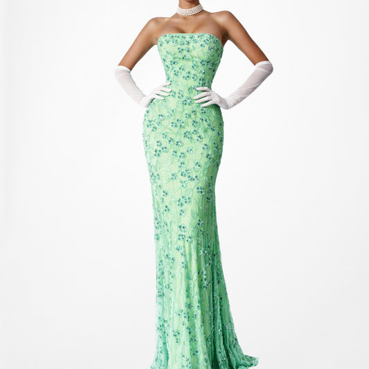 Vintage Y2K Green Strapless Floral Beaded Mesh Bodycon Maxi Prom Dress Size M